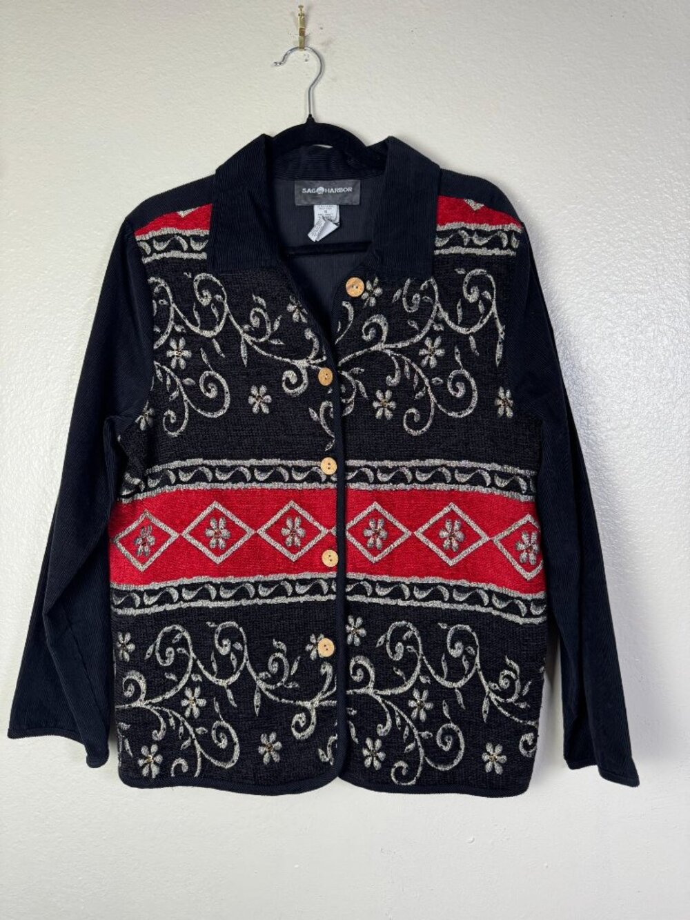 Sag Harbor Embroidered Black Red Button-Up Corduroy Jacket Floral Women Size 10